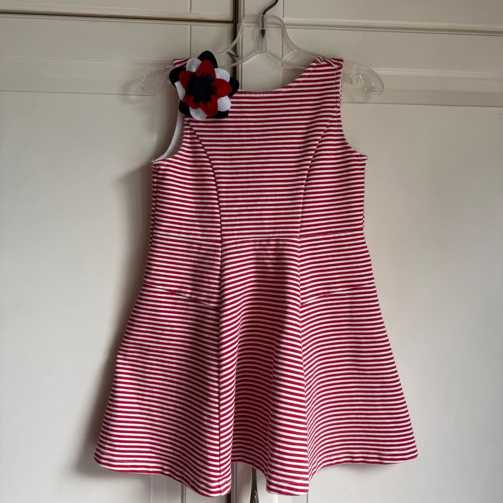 Janie and Jack Striped Dress Fit & Flare Patriotic Flower Red White Girls 3